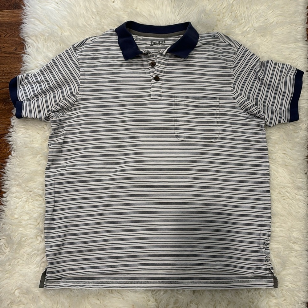 NWOT Duluth Trading Company Navy & White striped with a breast pocket